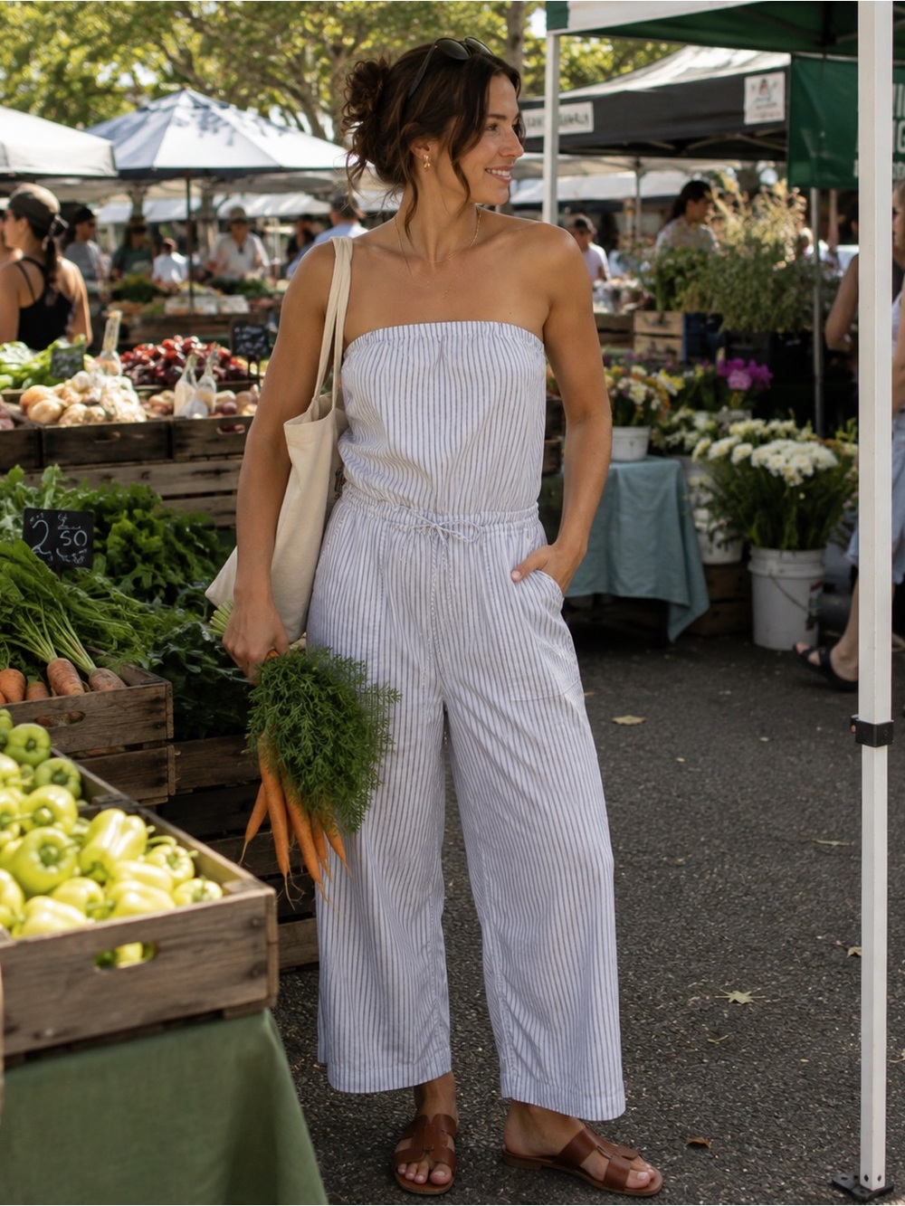 Stunning Striped Strapless cotton Jumpsuit in Light Blue